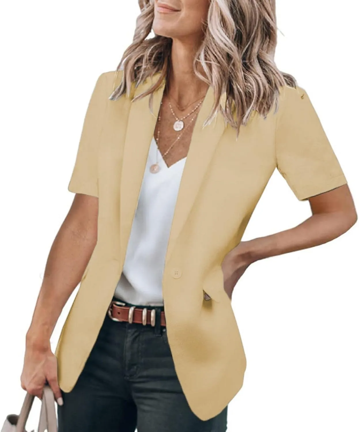 Blazers for Women Business Casual Short Sleeve Lapel Open Front Work Office Jacket Dressy Suit Jackets with Pockets