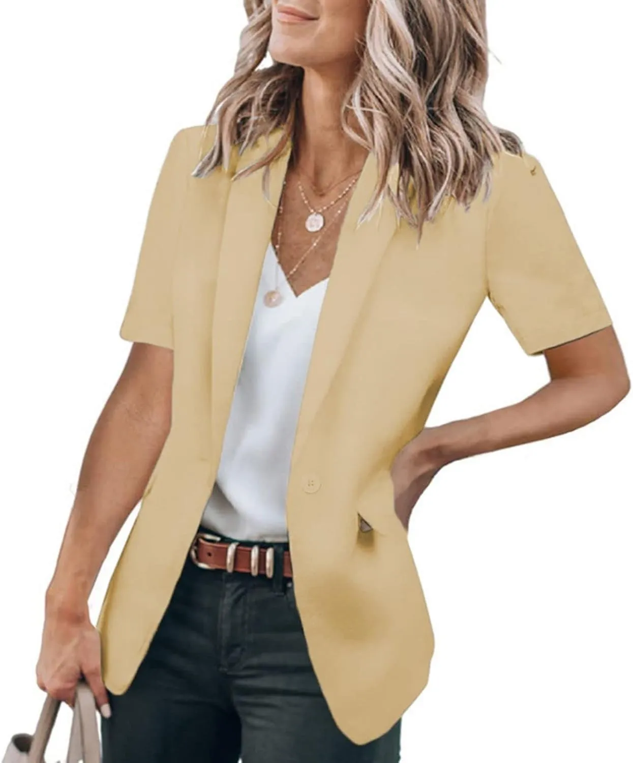 Blazers for Women Business Casual Short Sleeve Lapel Open Front Work Office Jacket Dressy Suit Jackets with Pockets