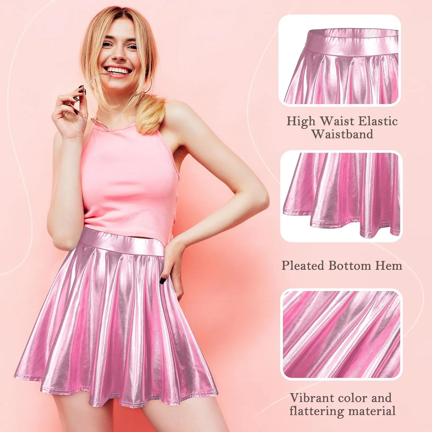 Century Star Womens Metallic Skirt Halloween Silver Shiny Flared High Waist Mini Holographic Pleated Skirts for Women