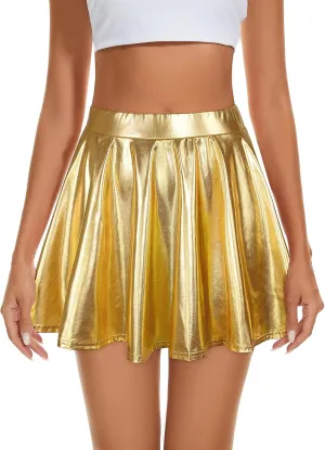 Century Star Womens Metallic Skirt Halloween Silver Shiny Flared High Waist Mini Holographic Pleated Skirts for Women
