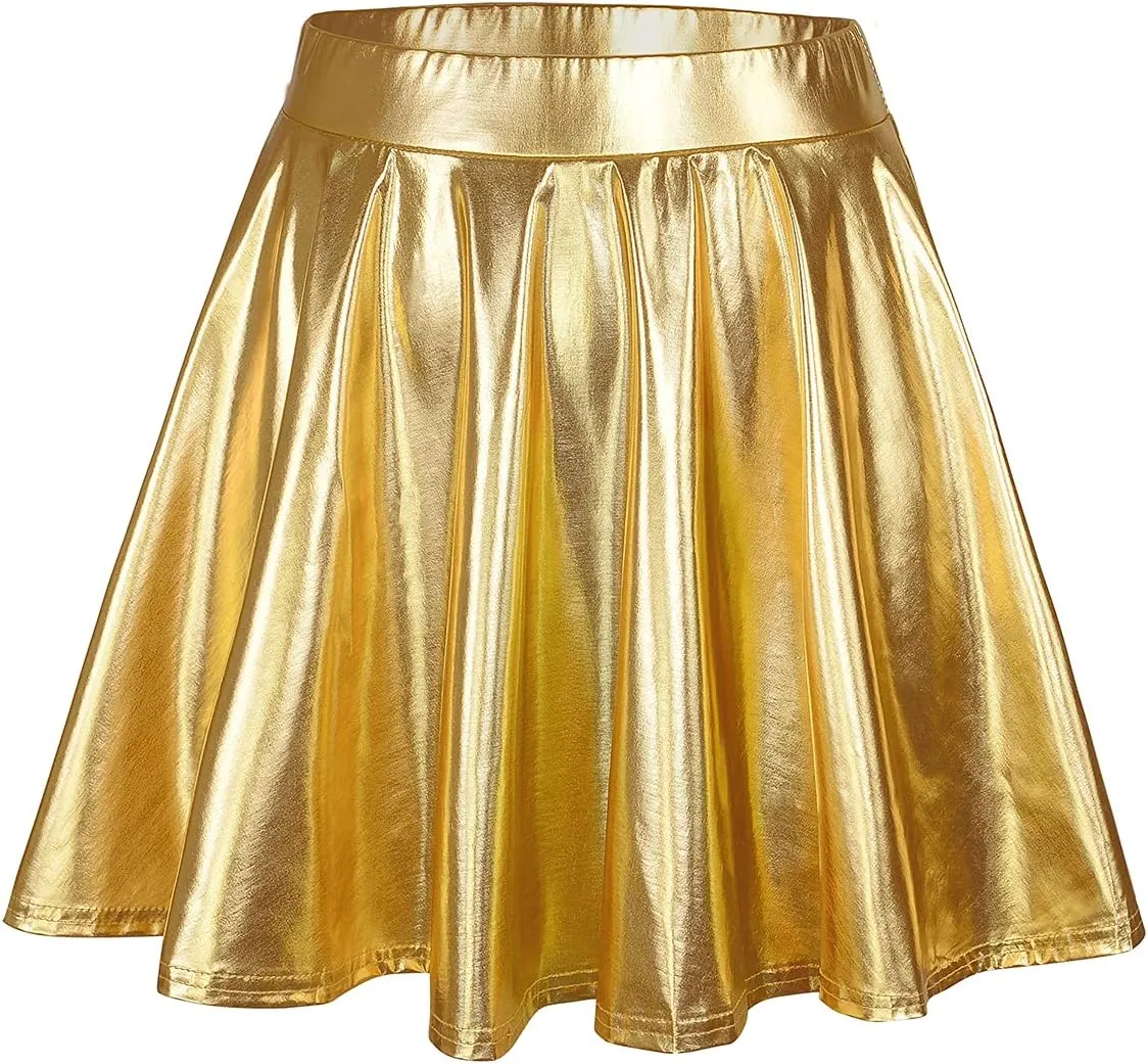 Century Star Womens Metallic Skirt Halloween Silver Shiny Flared High Waist Mini Holographic Pleated Skirts for Women