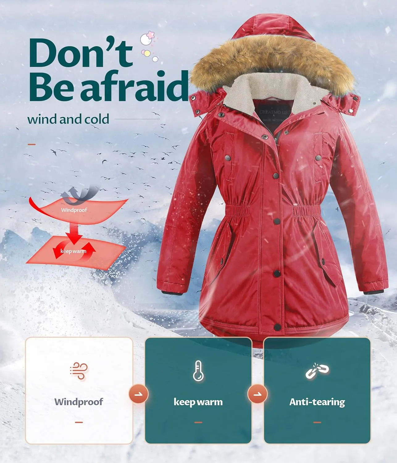 CREATMO US Girl's Long Winter Warm Parka Sherpa Trimmed Collar Puffer Ski Jacket Coat