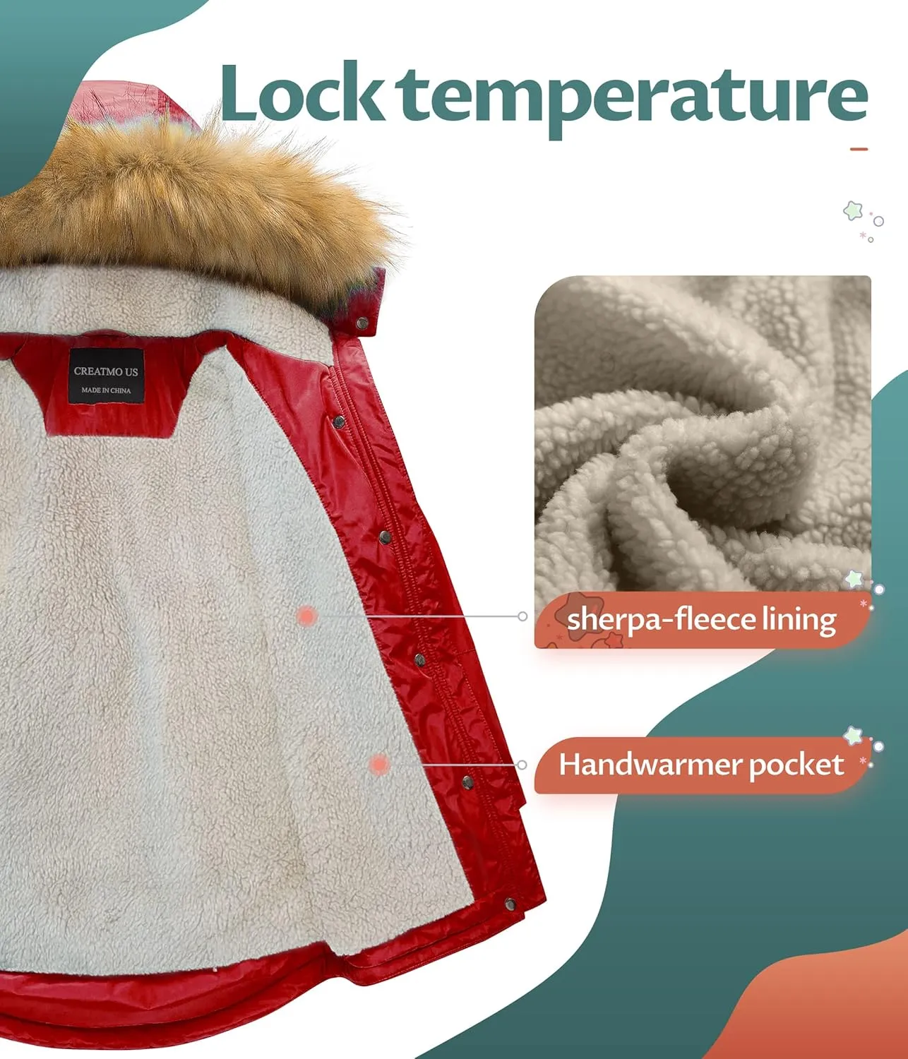 CREATMO US Girl's Long Winter Warm Parka Sherpa Trimmed Collar Puffer Ski Jacket Coat