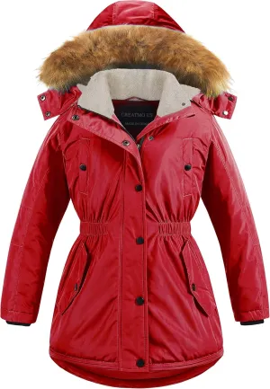 CREATMO US Girl's Long Winter Warm Parka Sherpa Trimmed Collar Puffer Ski Jacket Coat