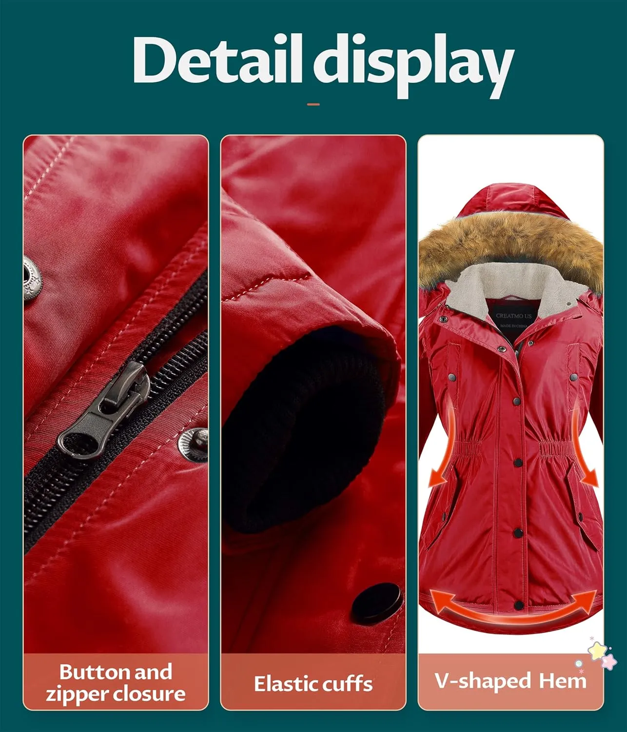CREATMO US Girl's Long Winter Warm Parka Sherpa Trimmed Collar Puffer Ski Jacket Coat