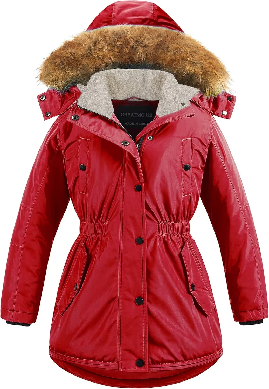 CREATMO US Girl's Long Winter Warm Parka Sherpa Trimmed Collar Puffer Ski Jacket Coat