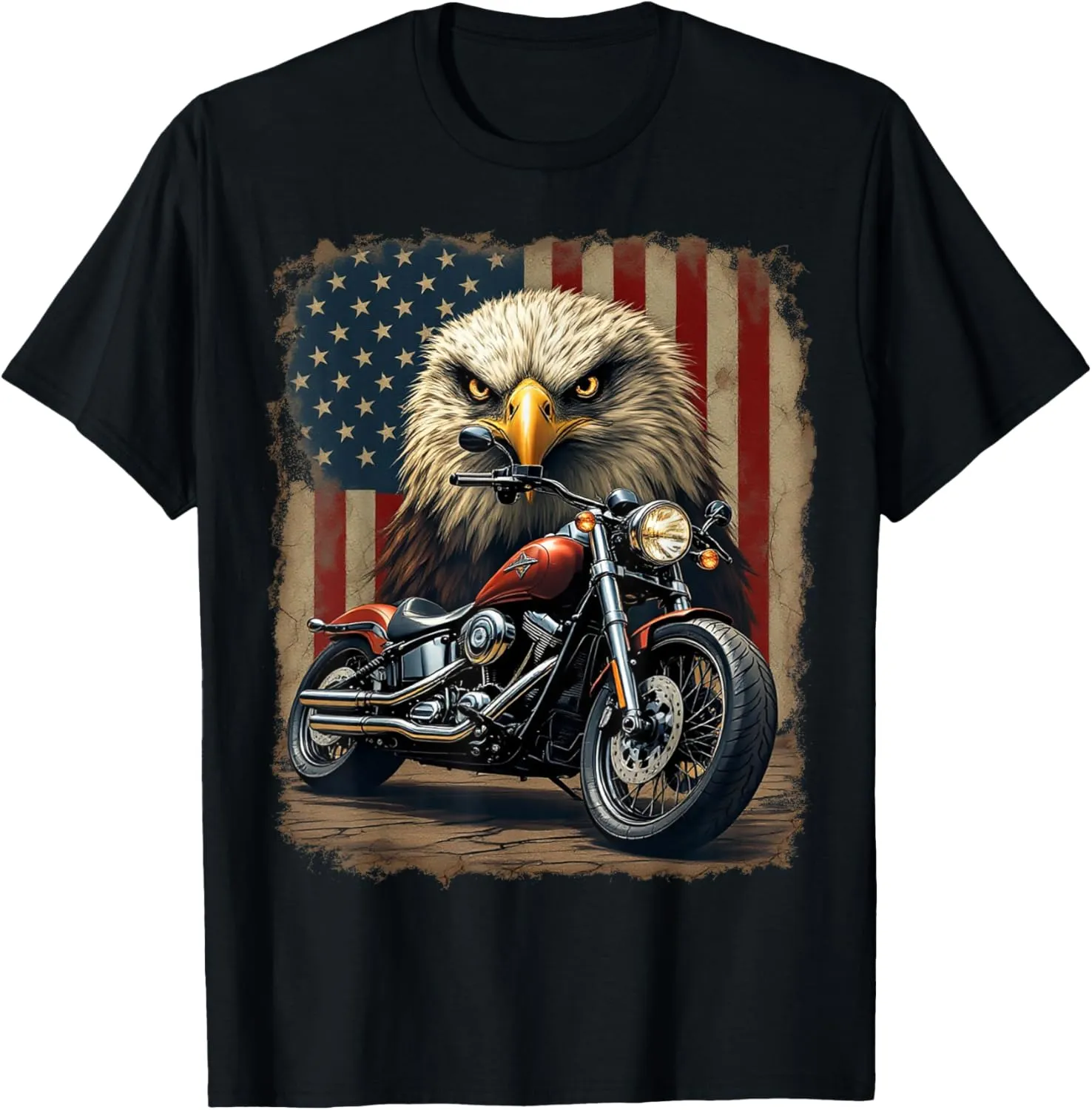 Motorcycle USA Flag Retro Biker Chopper T-Shirt