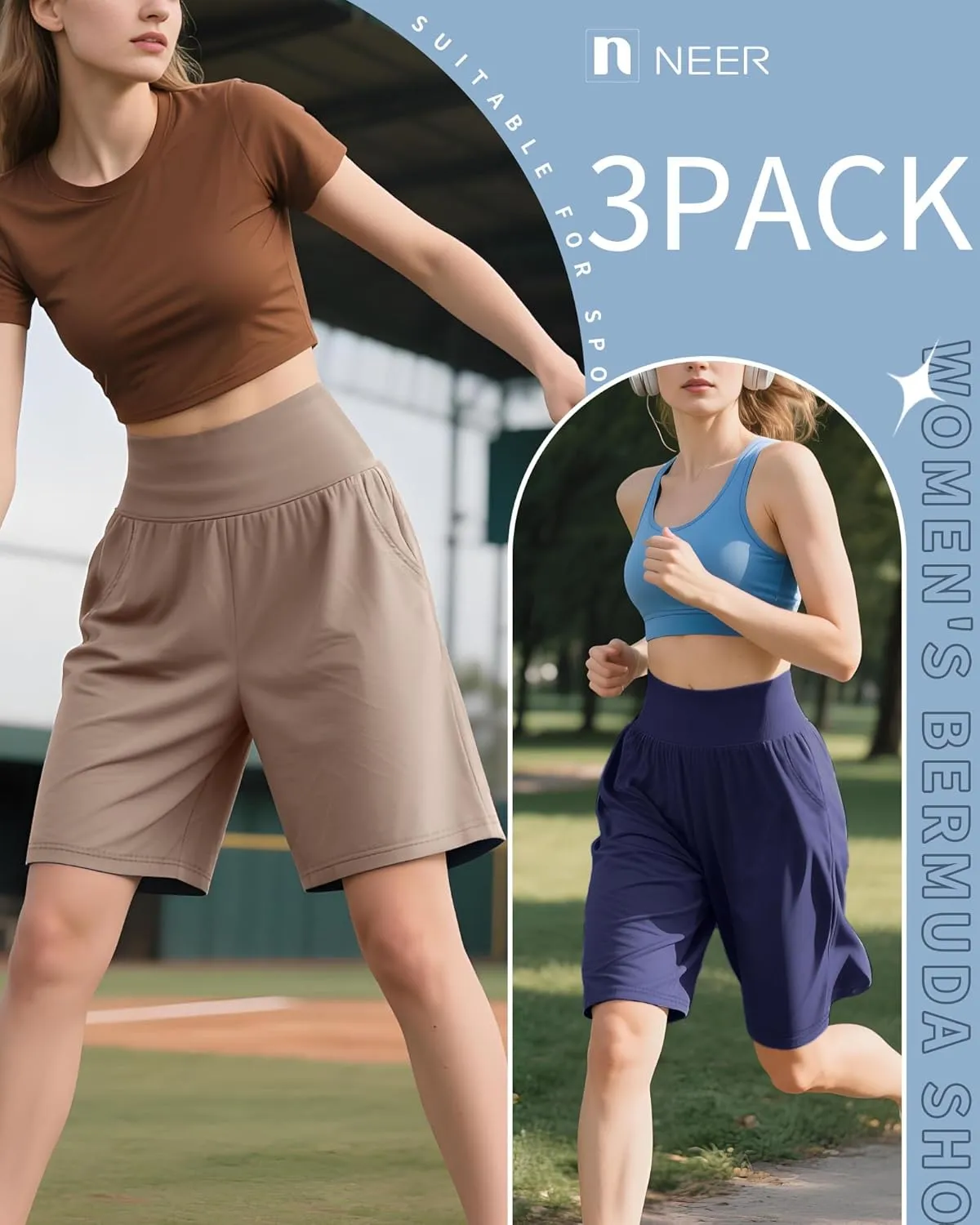Neer 3 Pack Women's Bermuda Shorts, High Waist Cotton Stretch Casual Bottoms Knee Length Summer Athletic Short with Pockets