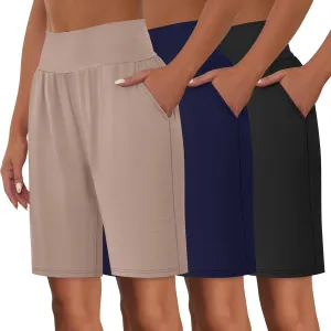 Neer 3 Pack Women's Bermuda Shorts, High Waist Cotton Stretch Casual Bottoms Knee Length Summer Athletic Short with Pockets