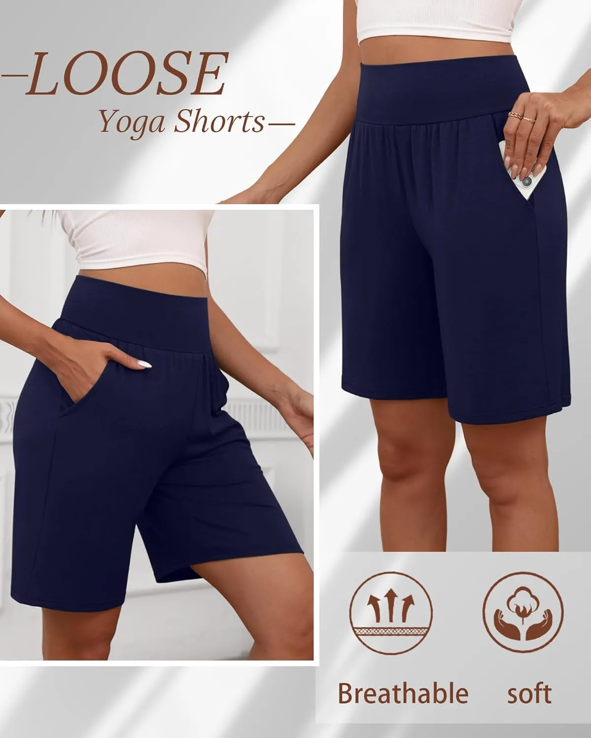 Neer 3 Pack Women's Bermuda Shorts, High Waist Cotton Stretch Casual Bottoms Knee Length Summer Athletic Short with Pockets