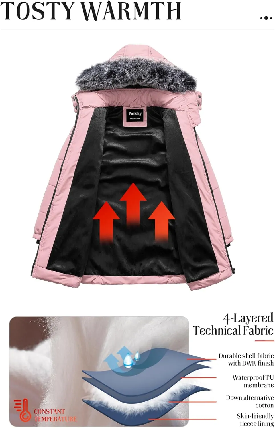 Pursky Girls' Warm Winter Coat Long Parka Fleece Lined Waterproof Puffer Jacket With Removable Hood