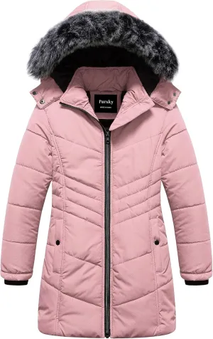 Pursky Girls' Warm Winter Coat Long Parka Fleece Lined Waterproof Puffer Jacket With Removable Hood
