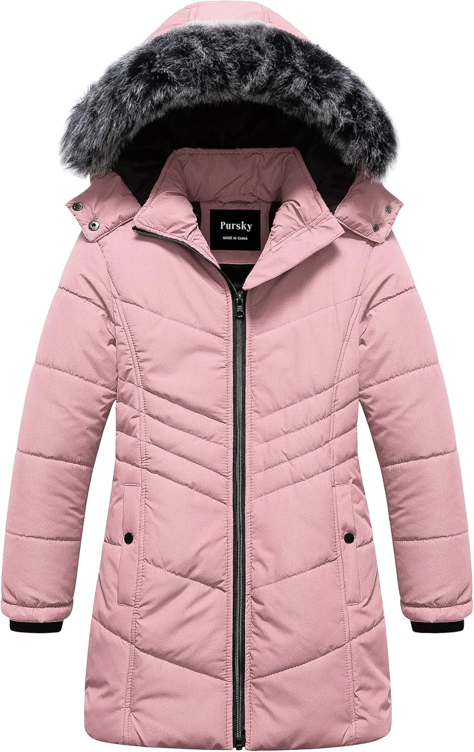 Pursky Girls' Warm Winter Coat Long Parka Fleece Lined Waterproof Puffer Jacket With Removable Hood