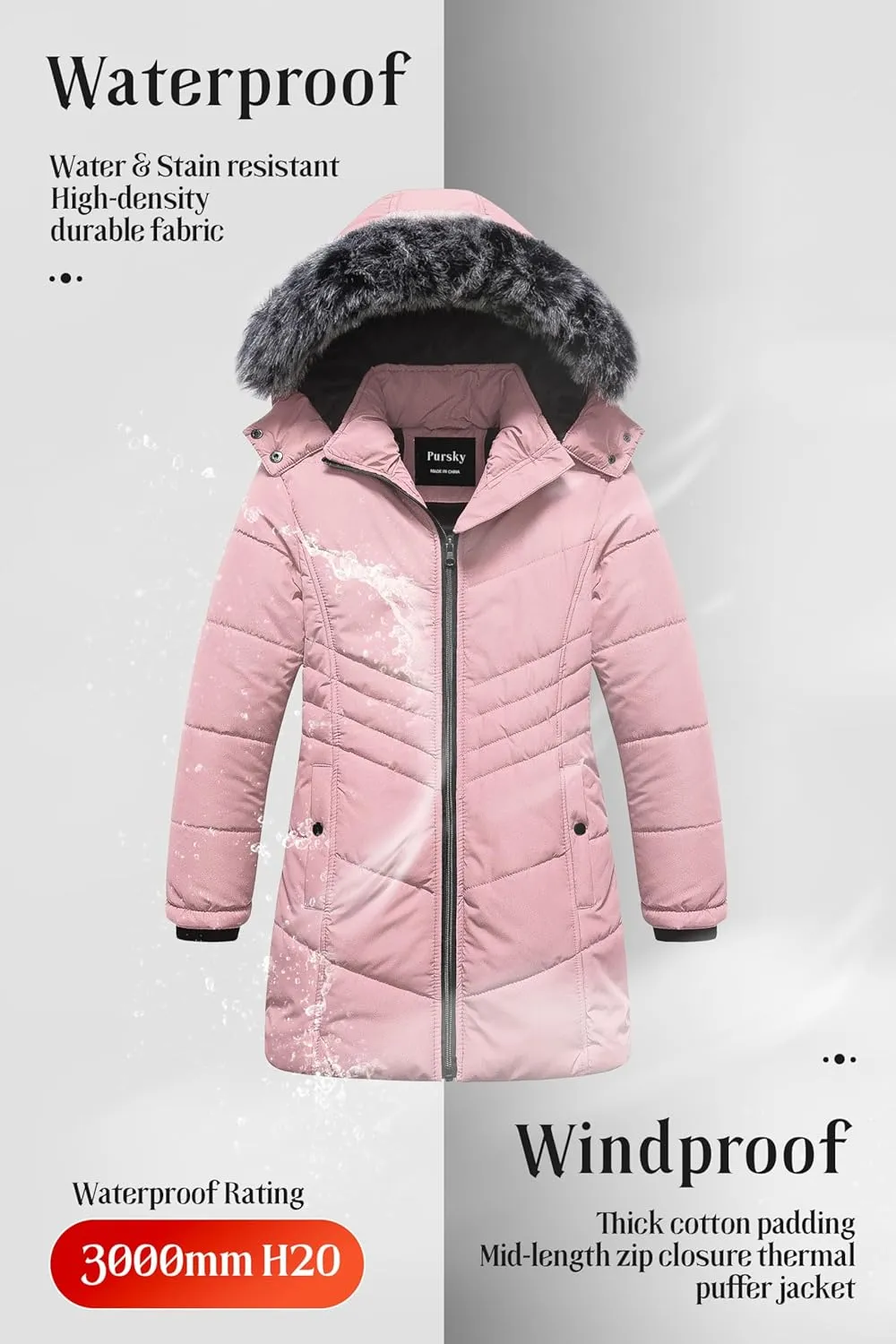 Pursky Girls' Warm Winter Coat Long Parka Fleece Lined Waterproof Puffer Jacket With Removable Hood