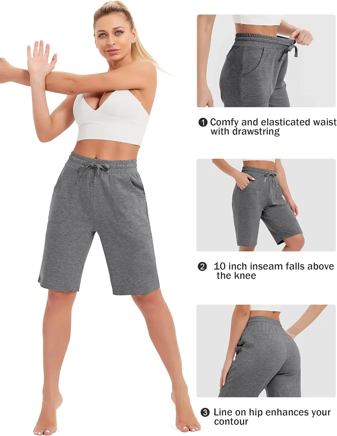 SPECIALMAGIC Cotton Sweat Shorts with Pockets for Women 10" Athletic Lounge Sports Workout Bermuda Knee Shorts