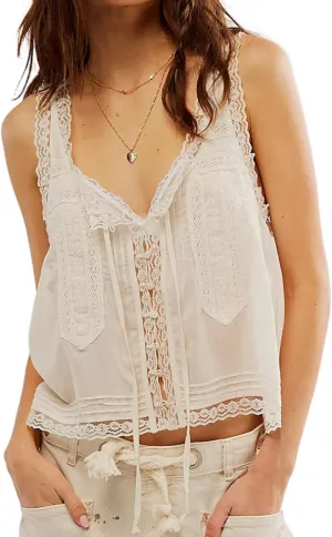 Women Sleeveless Ruffled Lace Trim Chiffon Crop Top Scoop Neck Flowy Button Down Front Tie Mesh Crop Tank Top