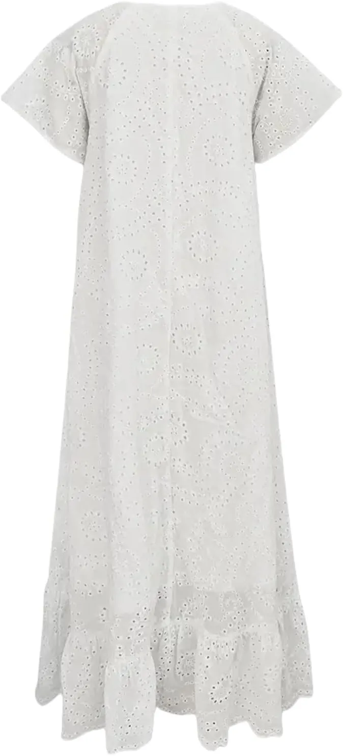 Women's 2025 Summer Short Sleeve Knee Length Dress V Neck Ruffle Hollow Out Eyelet Lace Dresses