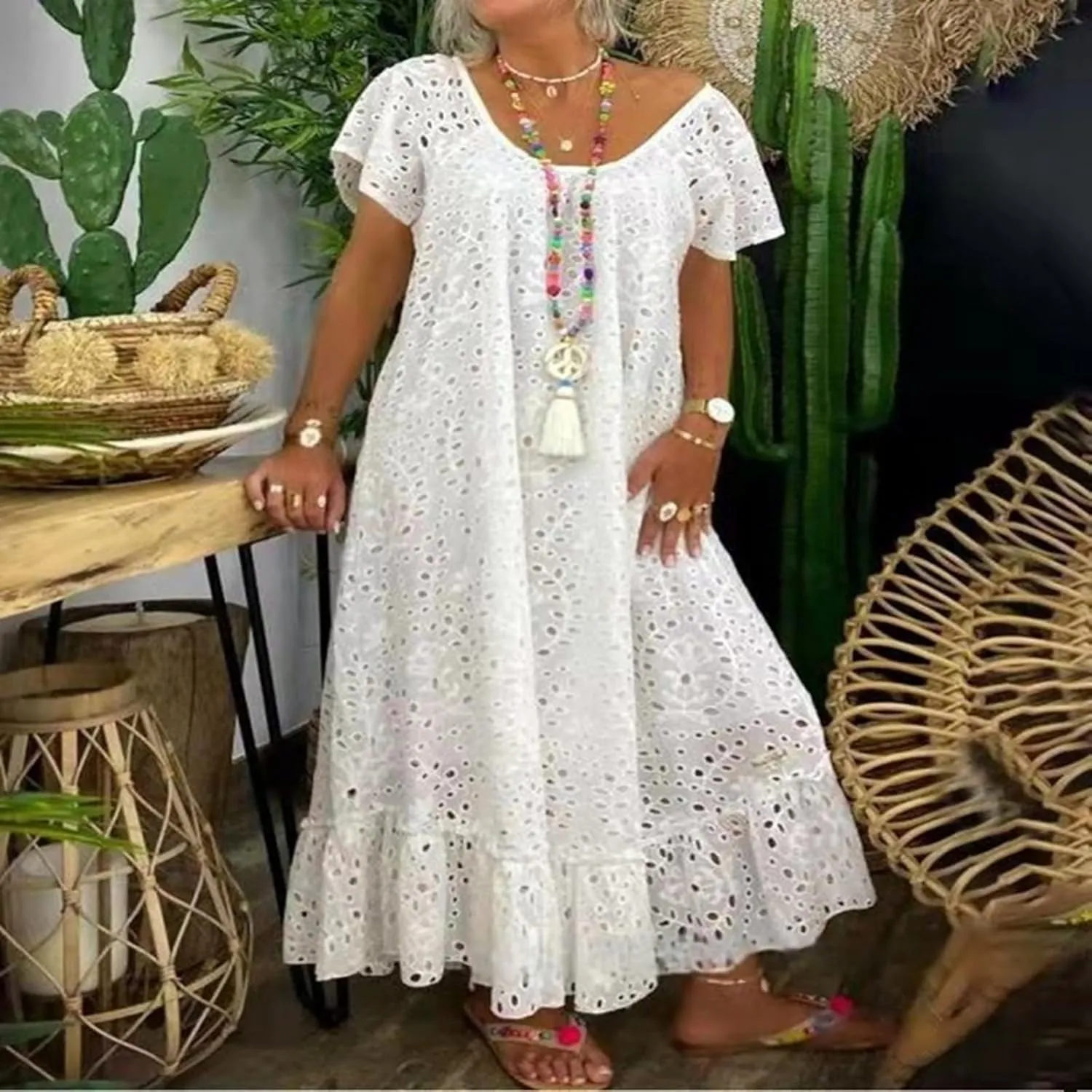 Women's 2025 Summer Short Sleeve Knee Length Dress V Neck Ruffle Hollow Out Eyelet Lace Dresses