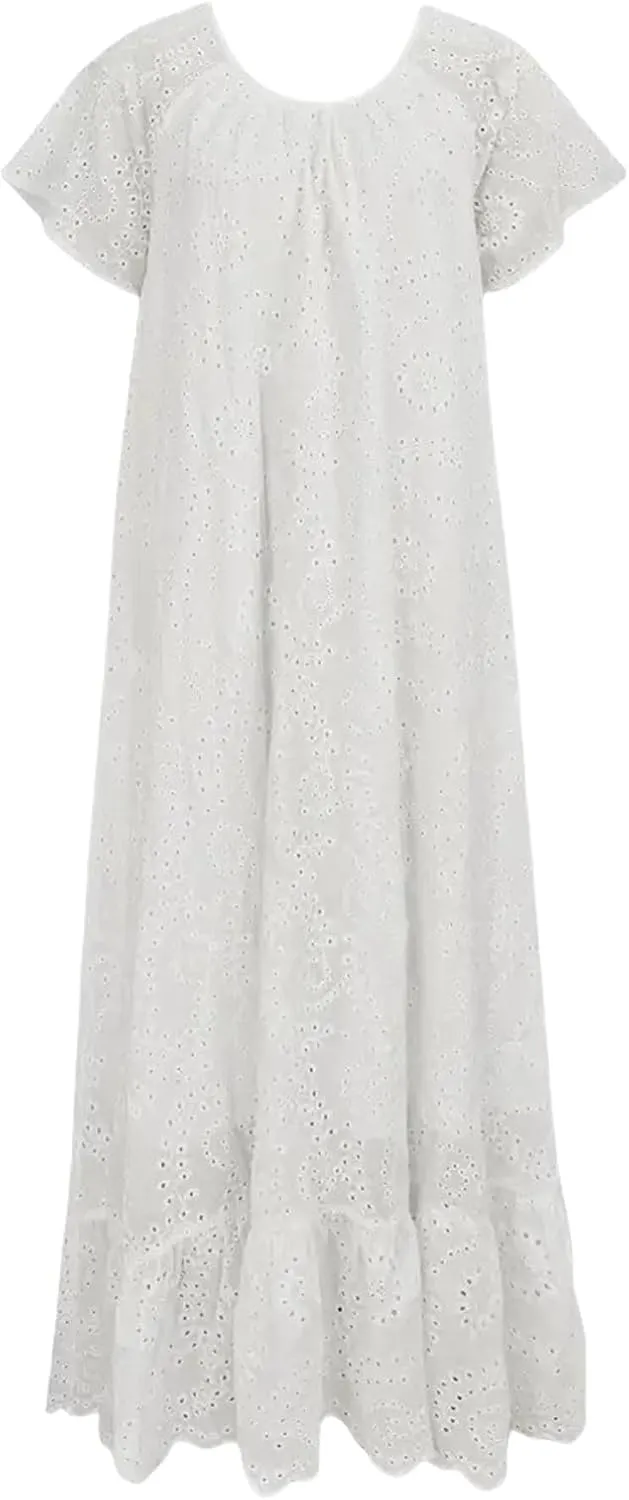 Women's 2025 Summer Short Sleeve Knee Length Dress V Neck Ruffle Hollow Out Eyelet Lace Dresses
