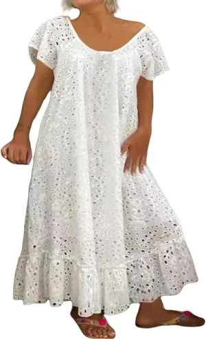 Women's 2025 Summer Short Sleeve Knee Length Dress V Neck Ruffle Hollow Out Eyelet Lace Dresses