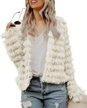 Womens Open Front Faux Fur Cardigan Vintage Parka Shaggy Jacket Coat